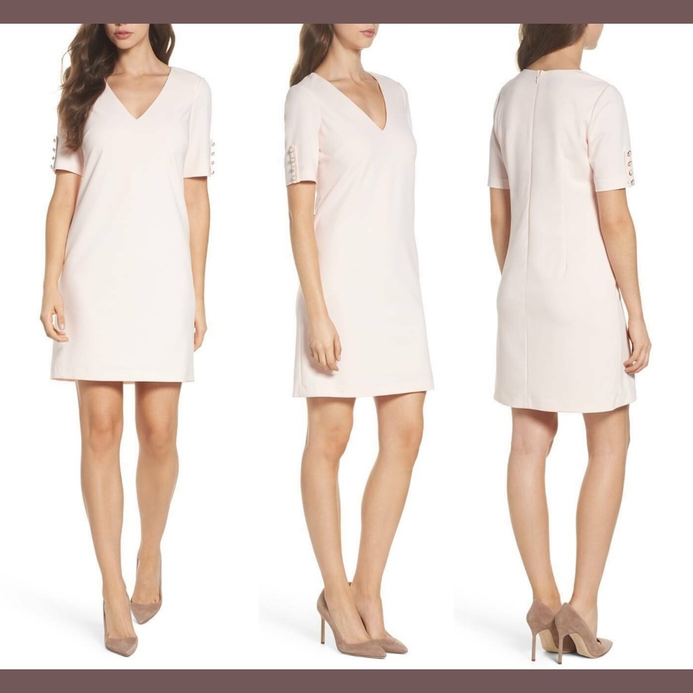 NEW Adrianna Papell Button‎ Sleeve Shift Dress in Blush Pink [SZ 14 ]